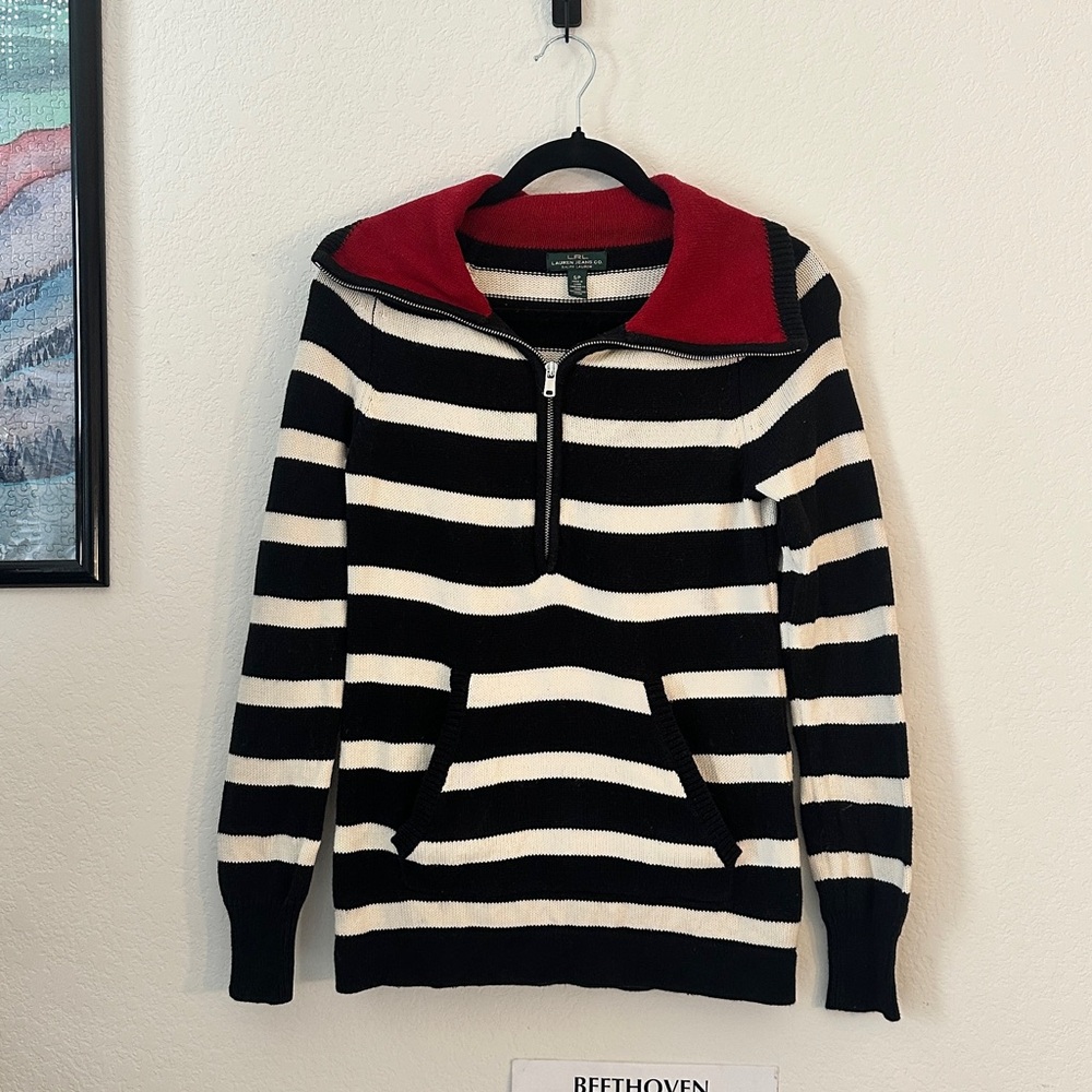 Vintage Ralph Lauren Breton Stripe Quarter Zip Sweater Black White Red Cotton S
